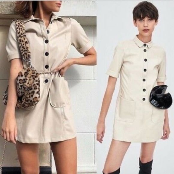 ZARA FAUX LEATHER CREAM MINI DRESS SMALL - Picture 2 of 7
